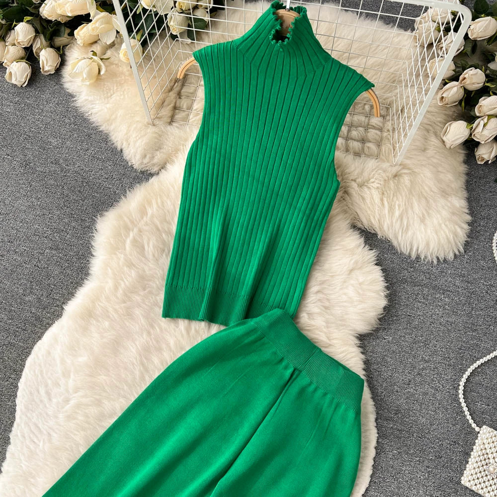 Fashion Fall Knitted 3pcs Cardigan High Neck Sweater Wide Legs Pants