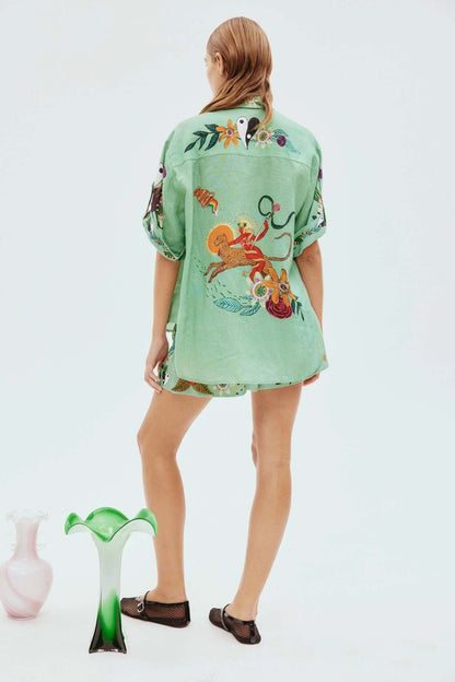 Green Linen Two Pieces Shirts and Short Pants