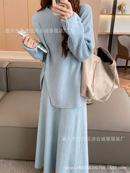 Casual Round Neck Knitted Sweaters & Split Front Skirts