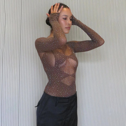 Sexy Elastic See Through Long Sleeves Jumpsuits