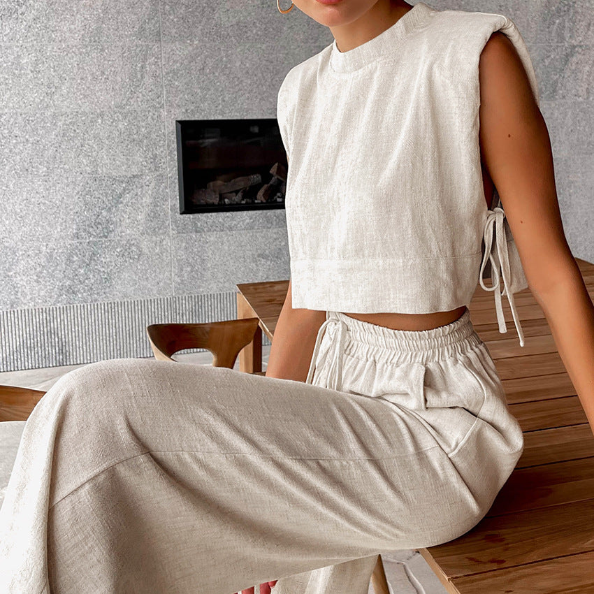 Casual Summer Cotton Linen Sleeveless Tops & Cropped Pants Suits