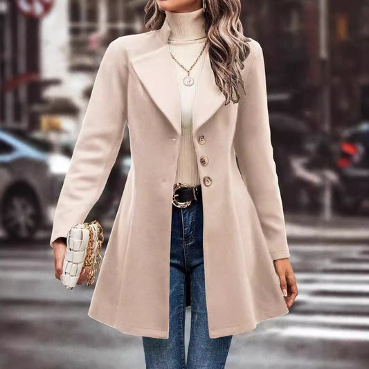 Women's Autumn and Winter Lapel Slim Woolen Solid Color Coat