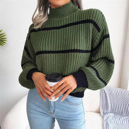 Fashion Striped High Neck Knitted Pullover Sweaters
