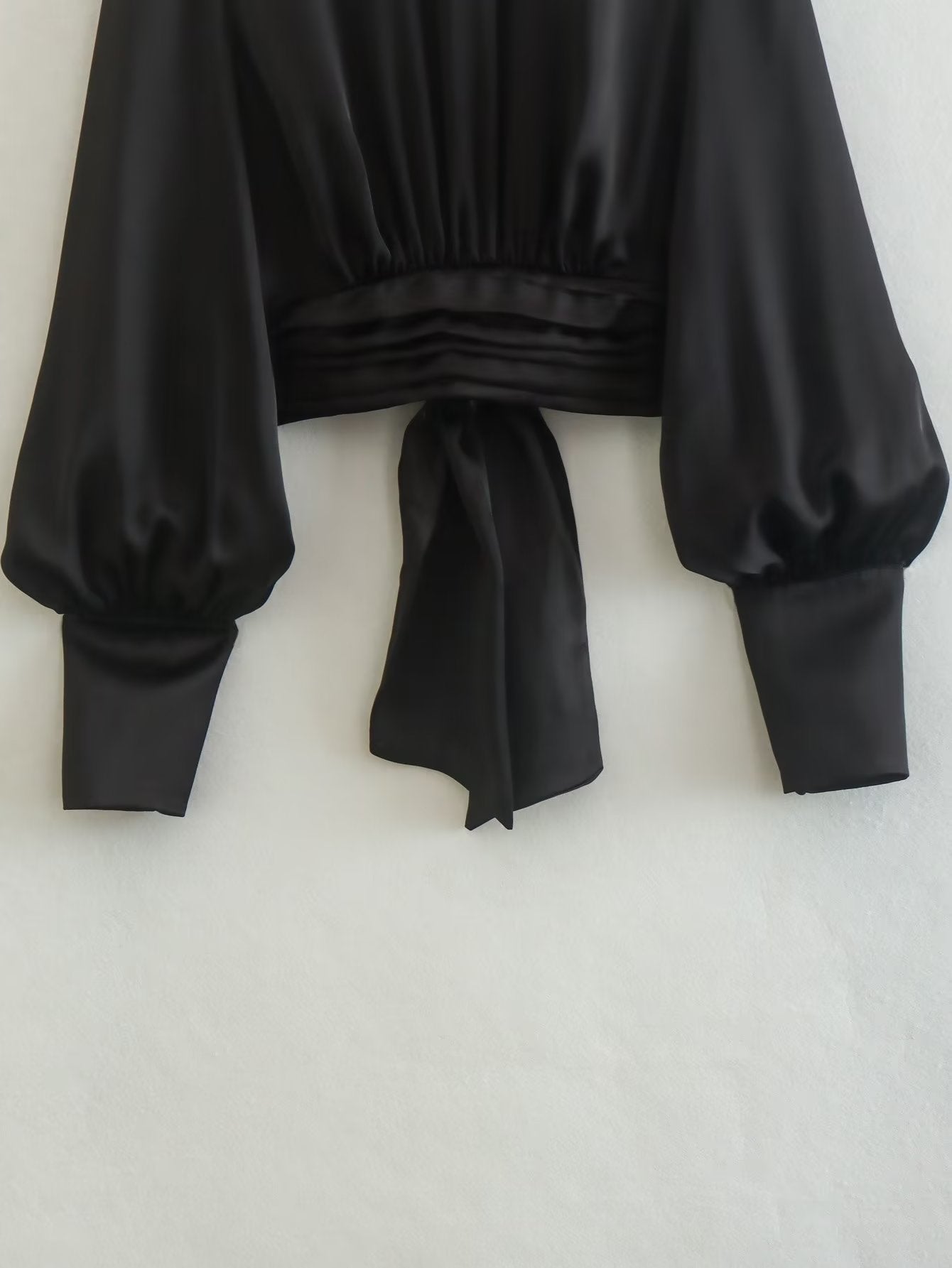 Black Satin Summer Short Blouses for Women