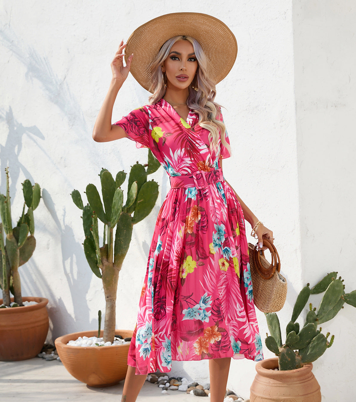 Summer Floral Print Short Sleeves Midi Dresses
