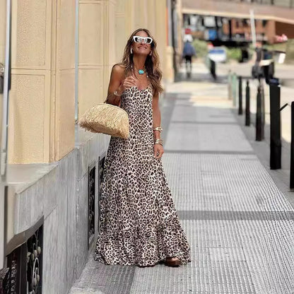 Sexy V Neck Leopard Long Maxi Dresses