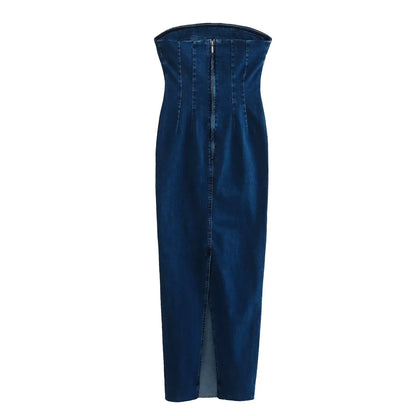 Sexy Back Zippered Strapless Denim Dresses