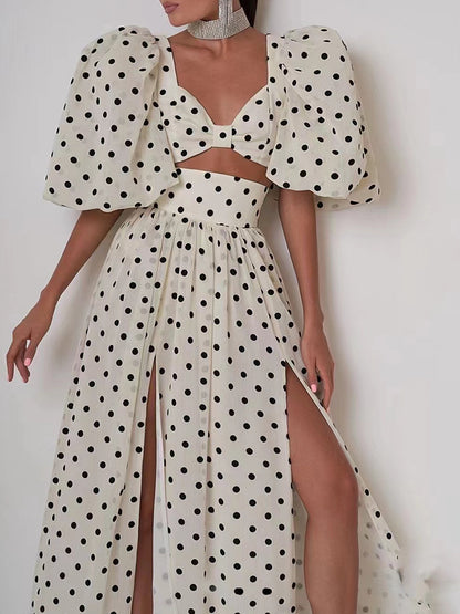 Designed Puff Sleeves Short Tops and Split Skirts Suits