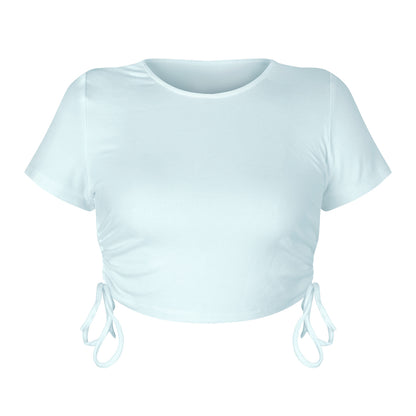 Sexy Round Neck Drawstring Midriff Baring Short Sleeves T Shirts