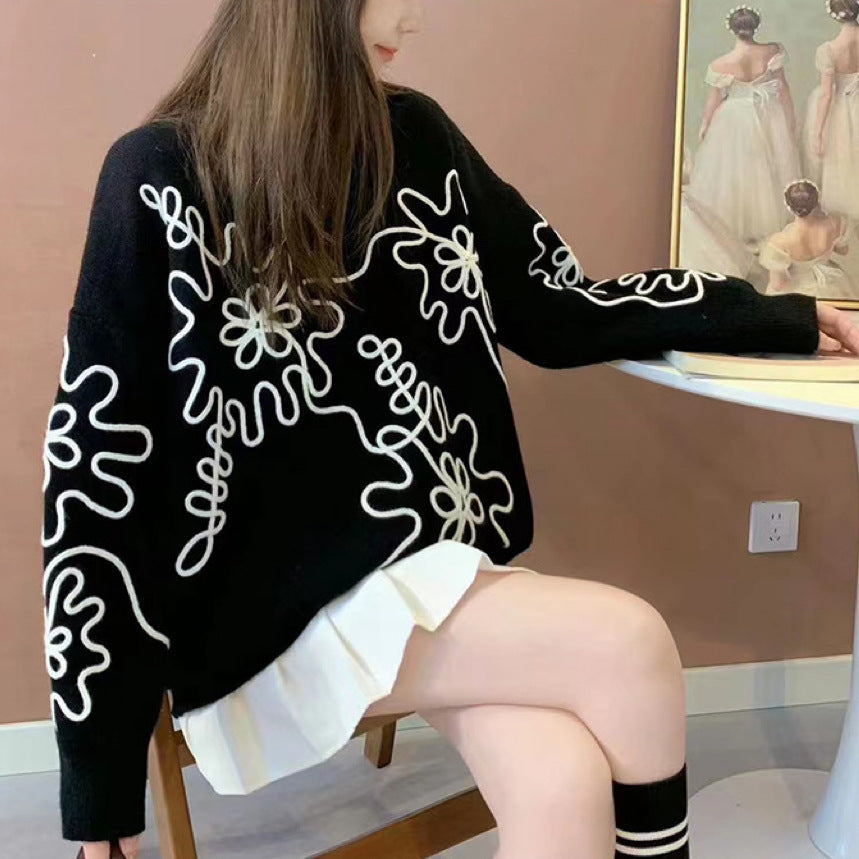 Fashion  3D Flowers Round Neck Knitted Sweaters