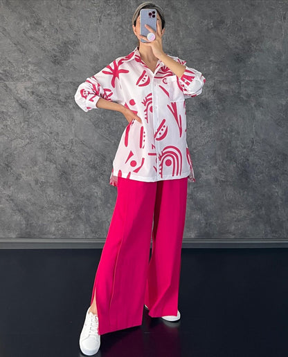 Casual Floral Print Long Sleeves Shirts & High Waist Pants