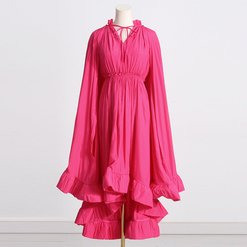 Designed V Neck Ruffled Long Sleeves Cloak Dresses