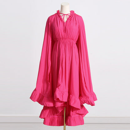 Designed V Neck Ruffled Long Sleeves Cloak Dresses