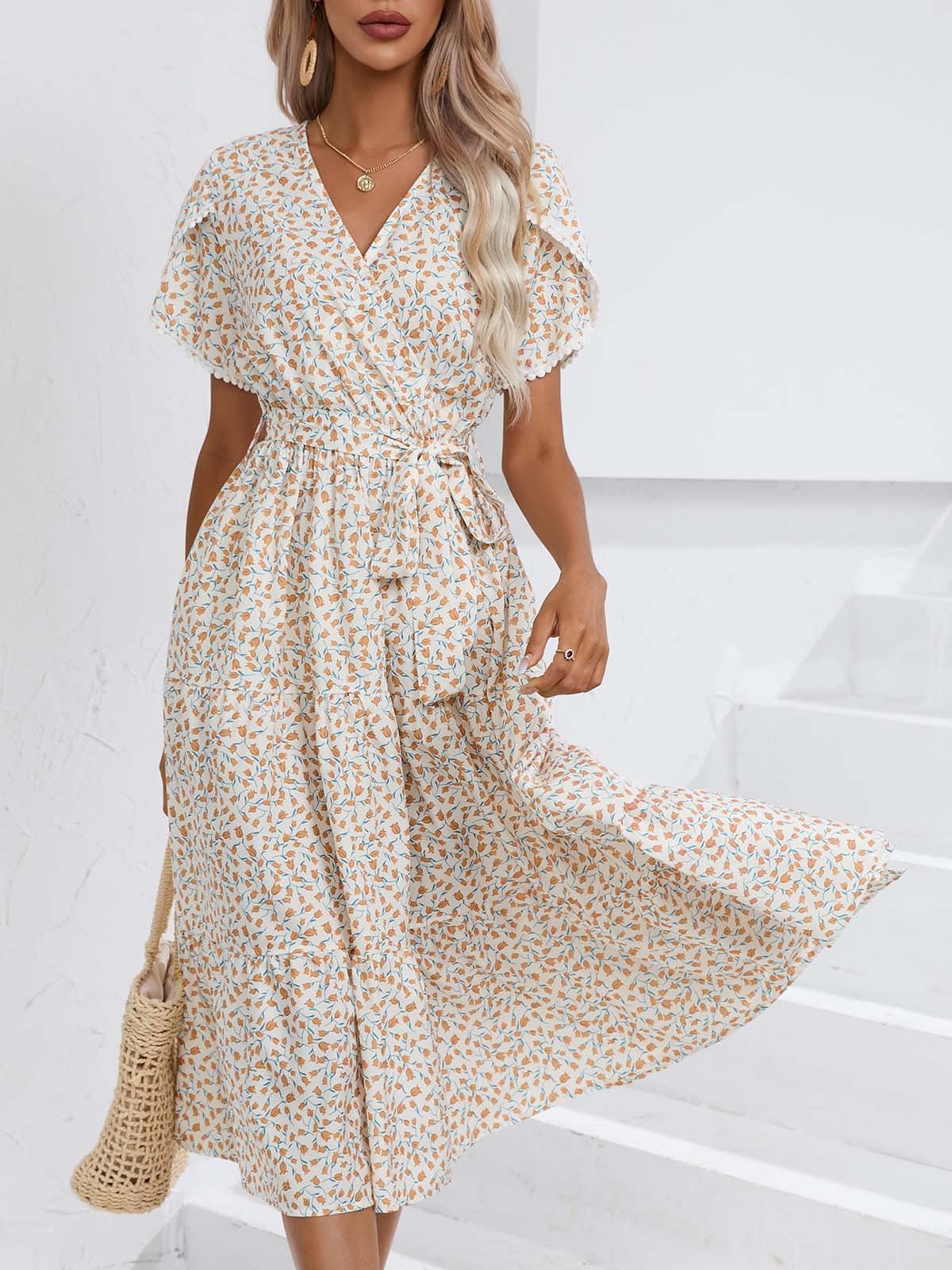 Leisure Summer V Neck Women Midi Dresses