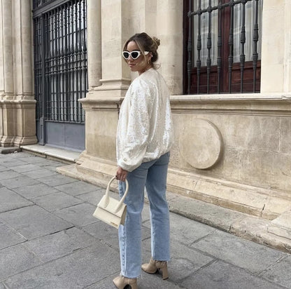 Fashion Sequined Round Neck Top Coats