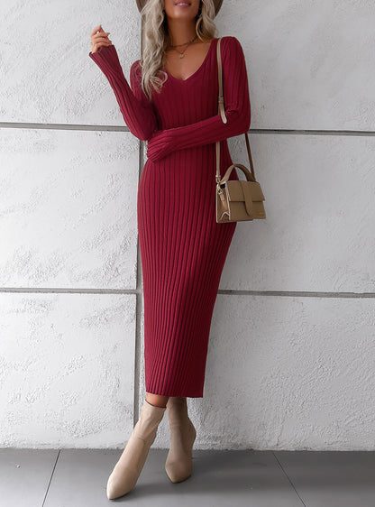 Elegant V Neck Long Sleeves Knitted Dresses