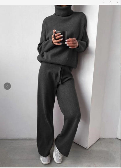 Casual High Neck Two Pieces Knitted Tops & Wide Legs Pants