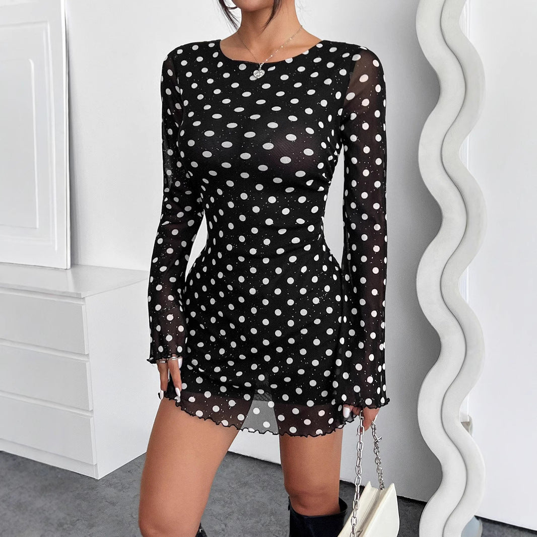 Elegant Women's Mesh Polka Dot Printing Round Neck Backless Long-sleeves Dresses