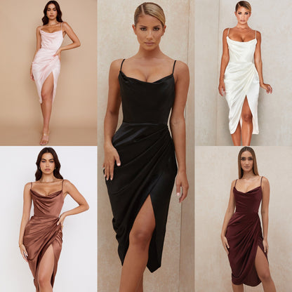 Sexy Summer V Neck Irregular Satin Party Dresses