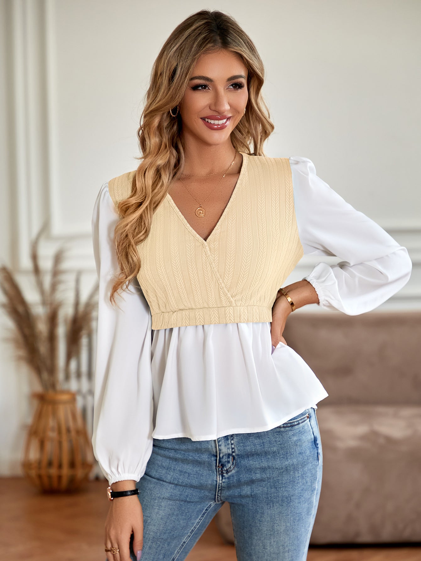 Casual V Neck Women Long Sleeves Fall Tops