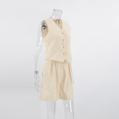 Ivory Cotton Linen Sleeveless Vest and Shorts Suits
