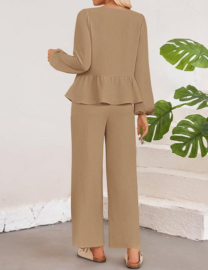 Casual Women Long Sleeves V Neck Shirts and Pants Suits