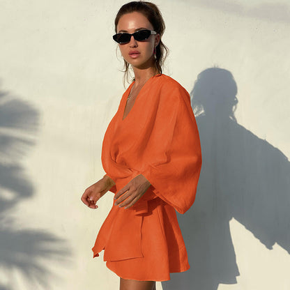 Designed Cotton Linen Irregular Mini Dresses