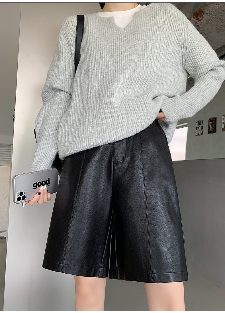 Fashion PU High Waist Knee Pants for Women