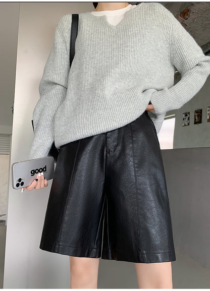 Fashion PU High Waist Knee Pants for Women