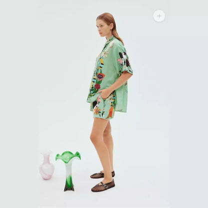 Green Linen Two Pieces Shirts and Short Pants