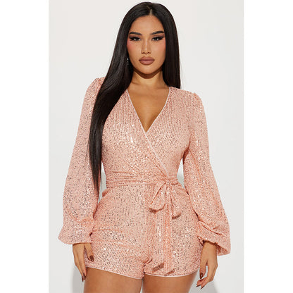 Sexy V Neck Sequined Long Sleeves Short Jumpsuit
