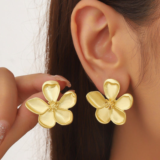 Fashion Metal Texture 3D Five-petal Flower Stud Earrings