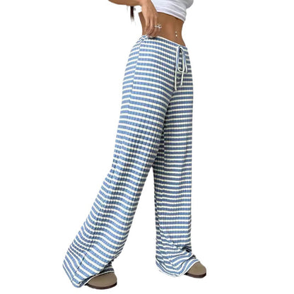 Casual Women Striped Solid Color Pull Rope Cotton Straight Pants