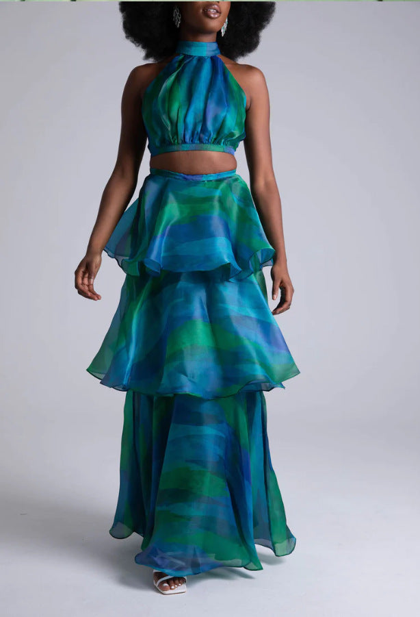 Fashion Floral Print Sleeveless Tiered Cake Dresses
