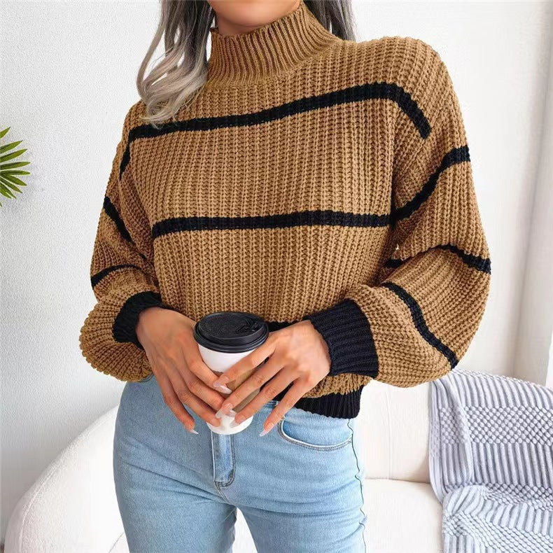 Fashion Striped High Neck Knitted Pullover Sweaters