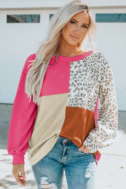 Casual Autumn and Winter Contrasting Color Leopard Knitted Long-sleeves Women Tops