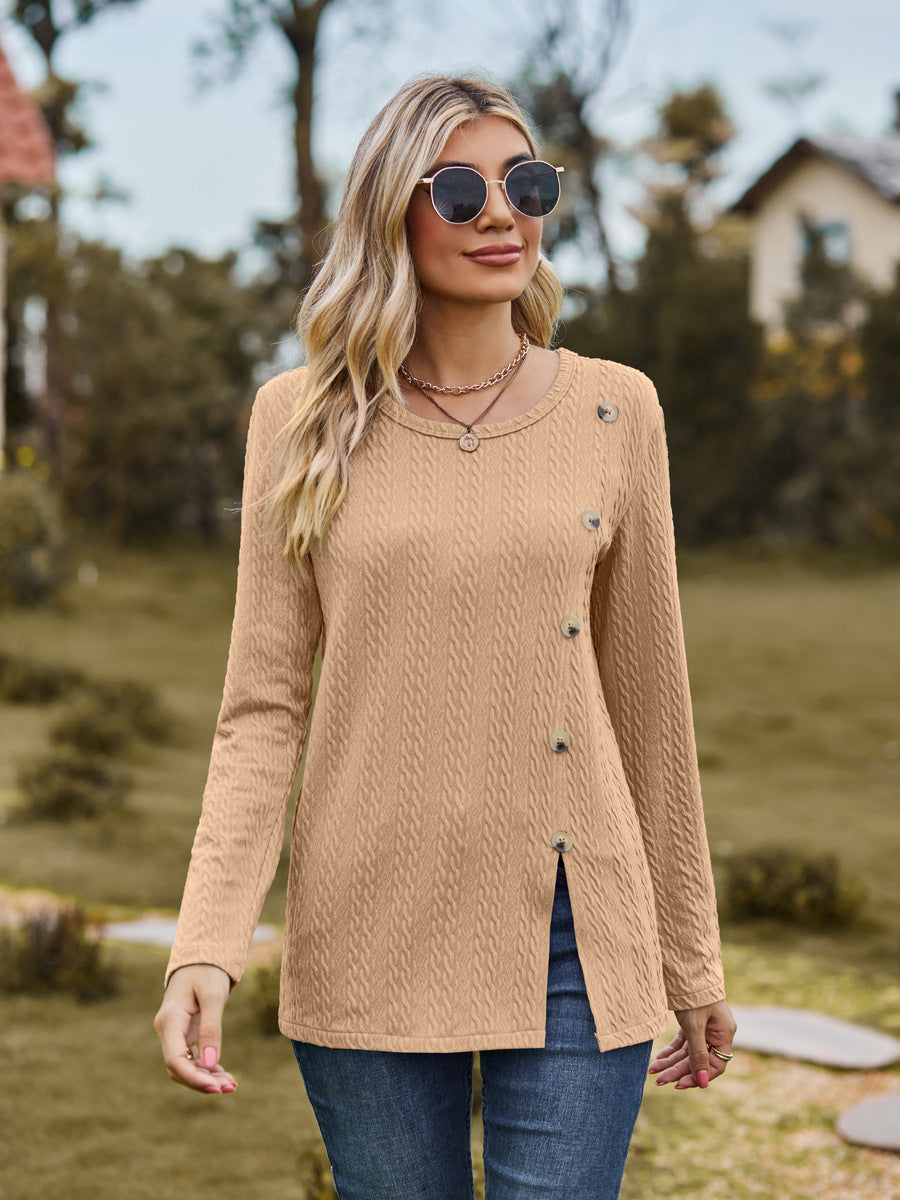 Fashion Round Neckline Button Long Sleeves Shirts