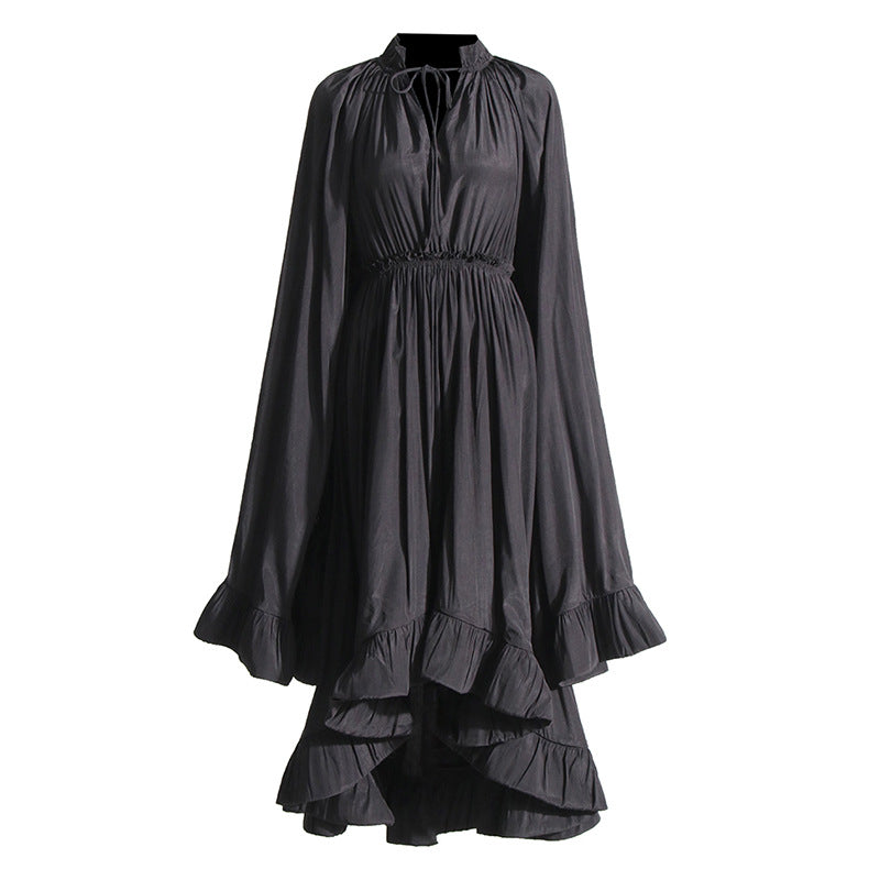Designed V Neck Ruffled Long Sleeves Cloak Dresses