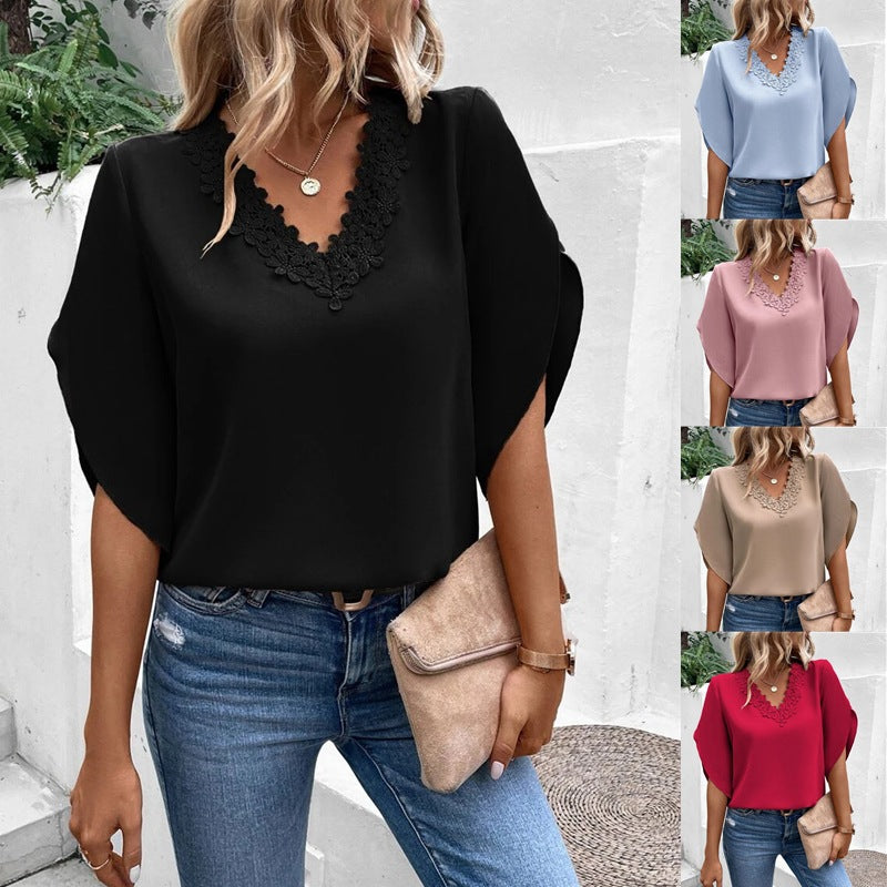 Summer Women's Solid Color Lace V-neck Horn Sleeve Loose Shirt Blouse