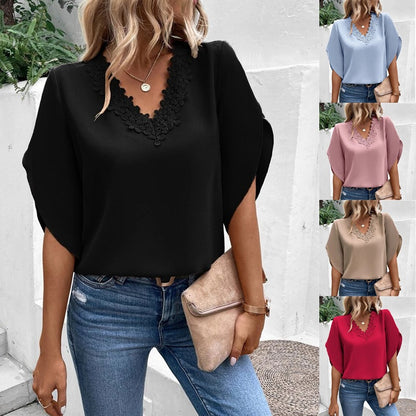Summer Women's Solid Color Lace V-neck Horn Sleeve Loose Shirt Blouse