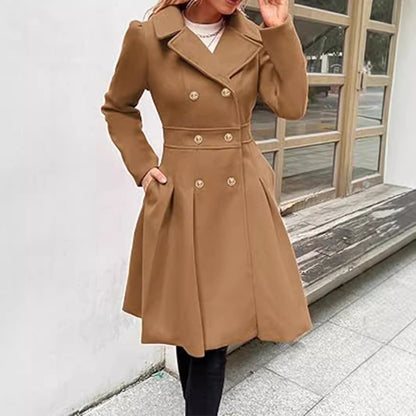 Fashion Women's Trench Coat Lapel Double-breasted Pocket A-shaped Pea Coat