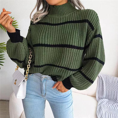 Fashion Striped High Neck Knitted Pullover Sweaters
