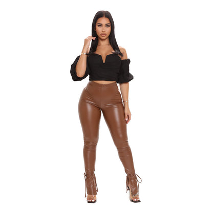 Fashion Elastic Bandage Trumpet Pu Pants