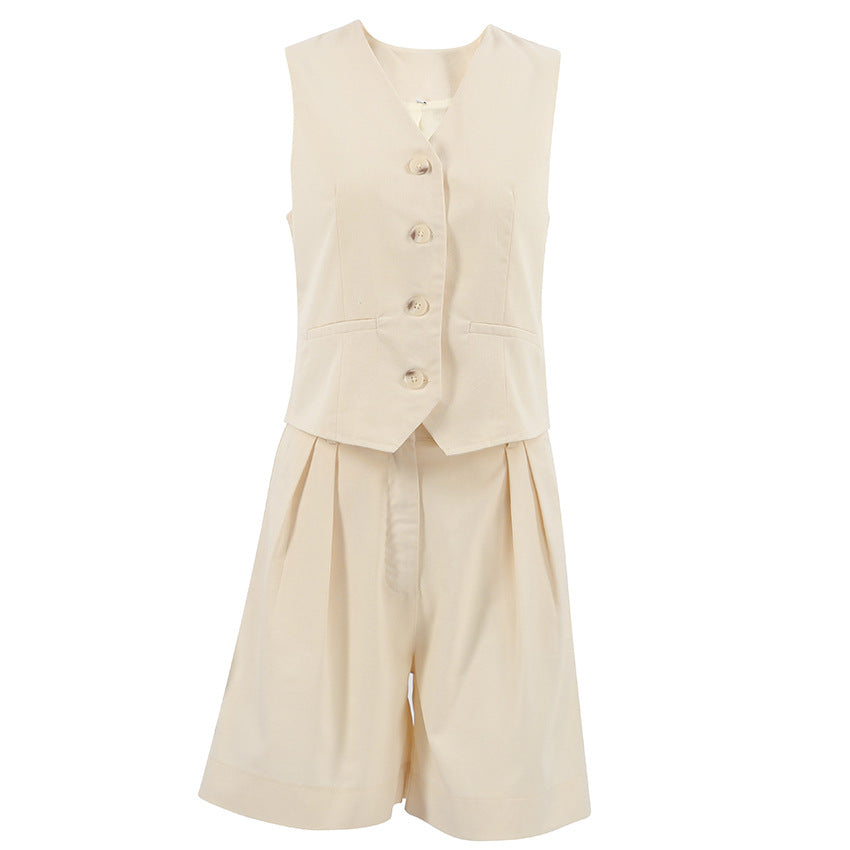 Ivory Cotton Linen Sleeveless Vest and Shorts Suits