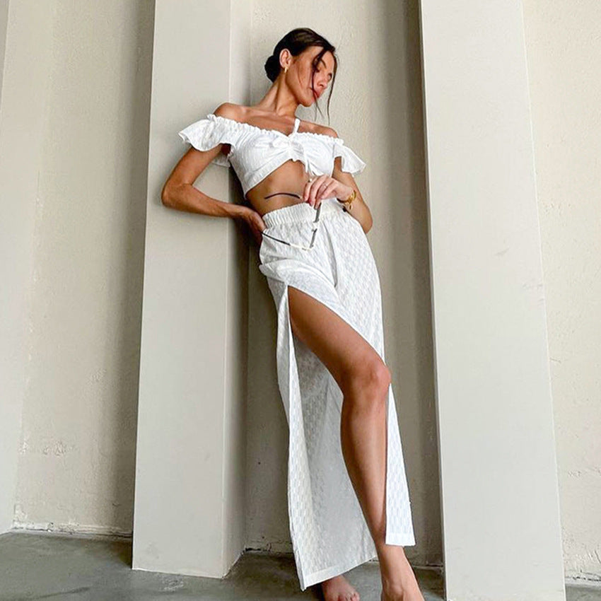 Sexy Designed Ruffled White Two Pieces Sets for Women