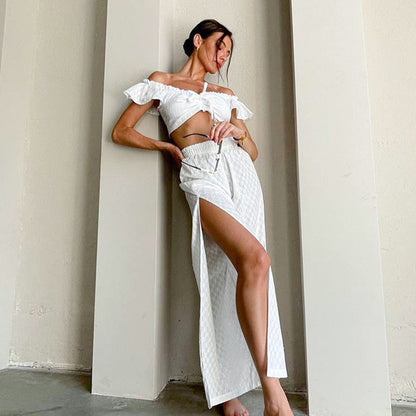 Sexy Designed Ruffled White Two Pieces Sets for Women
