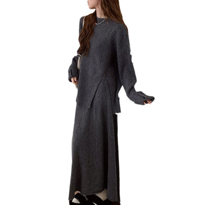 Casual Round Neck Knitted Sweaters & Split Front Skirts