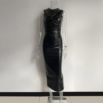 Vintage Irregular PU Leather Sleeveless Long Dresses