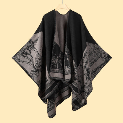 Women Literary Faux Wool Knitted Scarf Split Cloak for Traveling