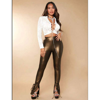 Fashion Elastic Bandage Trumpet Pu Pants